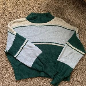 XL Blue and Green, Striped, Oversized, Turtleneck Sweater